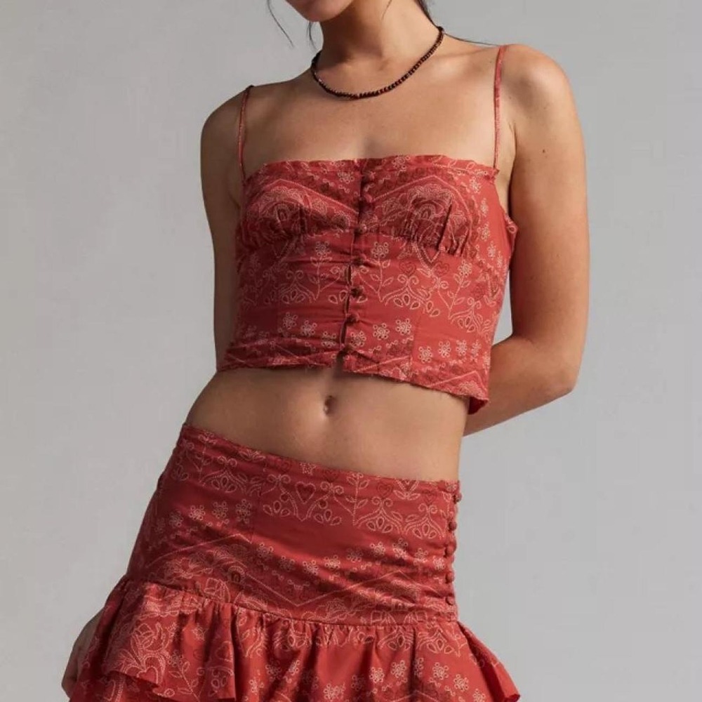 Free People Red Bandana Print 2 Piece Set Cami Crop Top Ruffle Mini Skirt Small